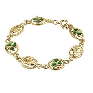 NIB Solvar 10K Gold Plated Claddagh and 7 Shamrock Bracelet -Made in Ireland